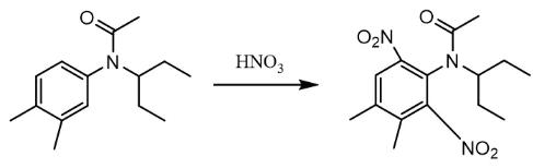 圖2 N-(l-乙基丙基)-N-乙?；?3,4-二甲基苯胺硝化反應(yīng)方程式