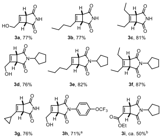 Figure 1 連續(xù)環(huán)丁烯合成的底物范圍；使用20mol%的噻噸酮； b 對二氧化硅不穩(wěn)定。